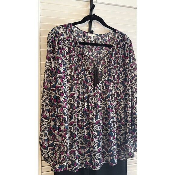 JOIE 100% Silk Paisley Bishop Sleeve Blouse Pleated Tasseled Boho Cottage Size L - Picture 2 of 12